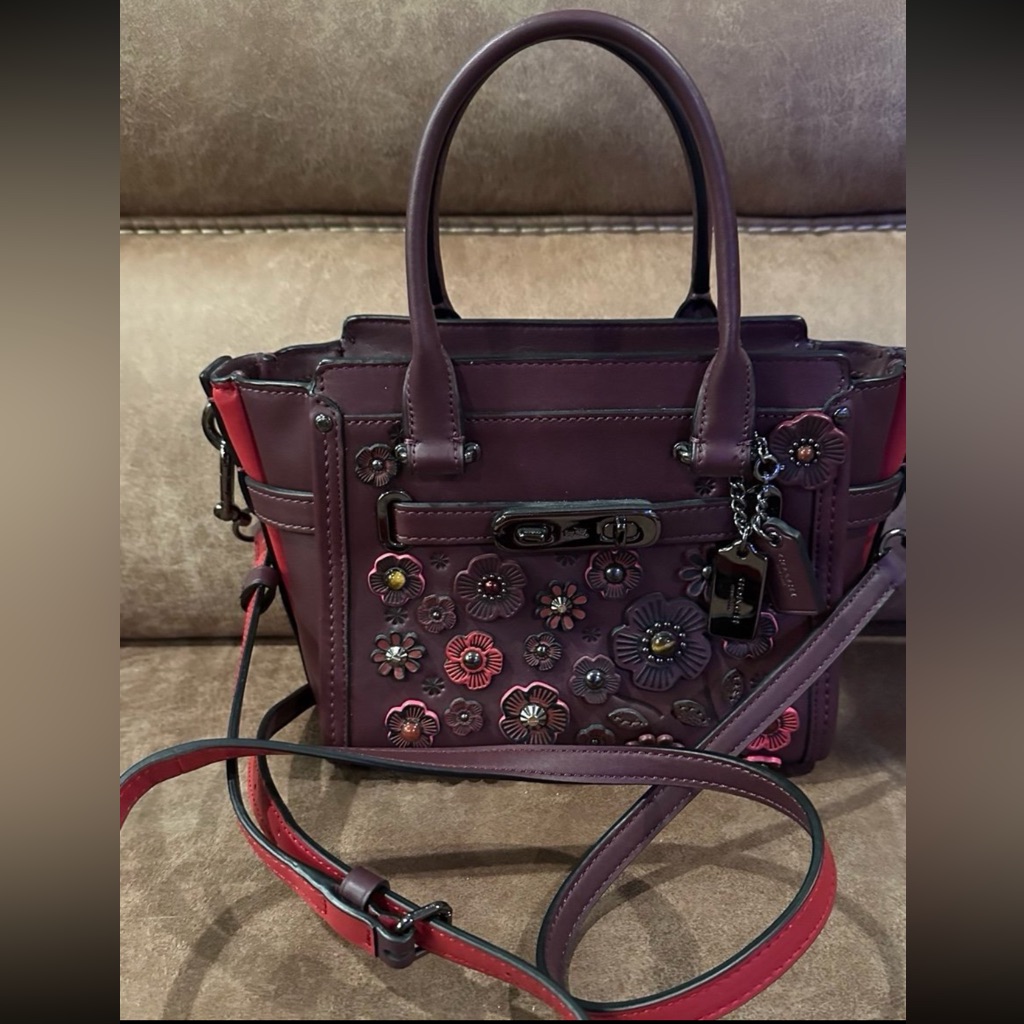 Coach Purple Floral Appliqu Crossbody Satchel With Red Accents